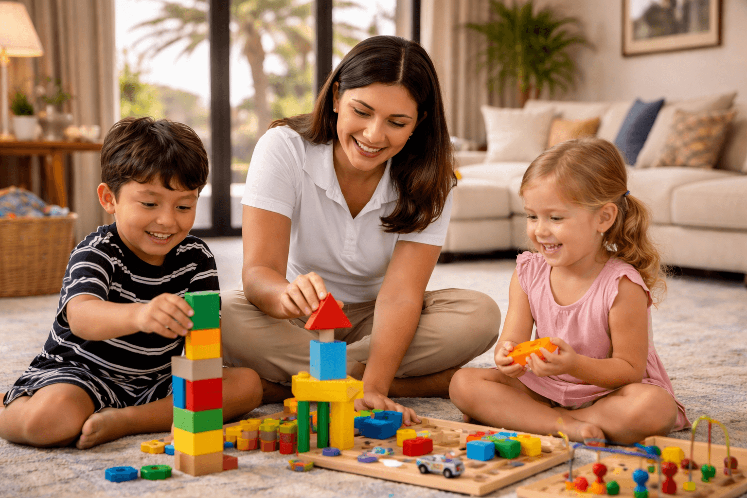 itavi childcare professional teaching kids to play with building blocks.