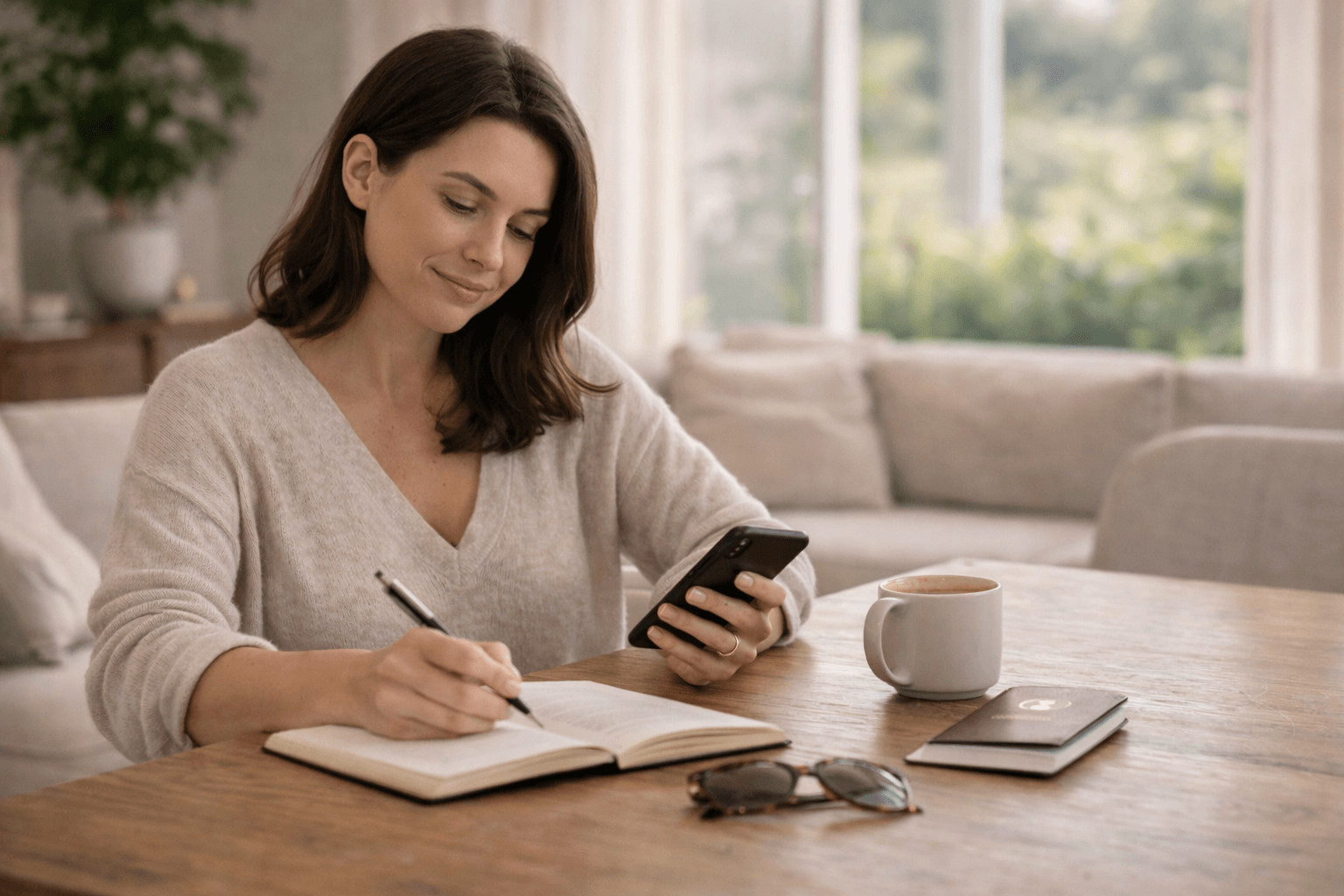 Mother planning the family trip. Researching and discovering itavi childcare.