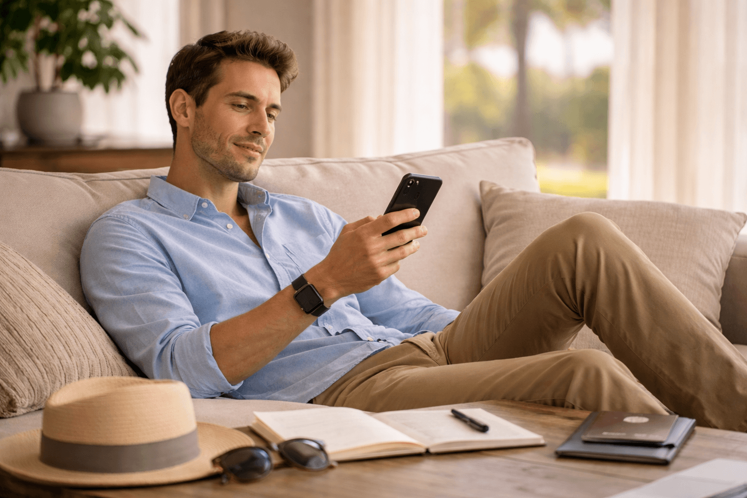 father discovering itavi childcare service as he plans his trip