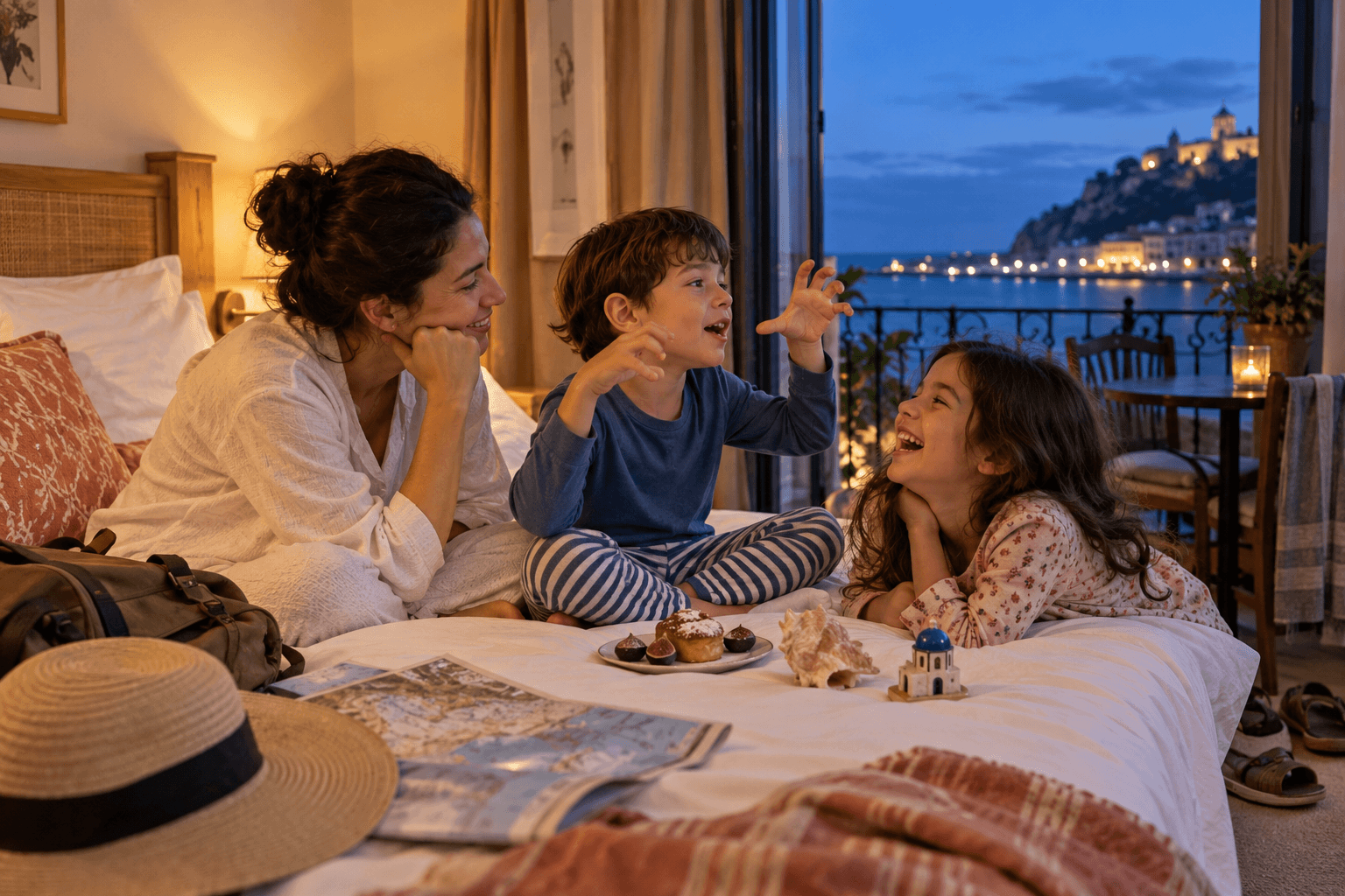 Memory recall Family relaxing in a hotel room and sharing their favorite memories from a day of travel.