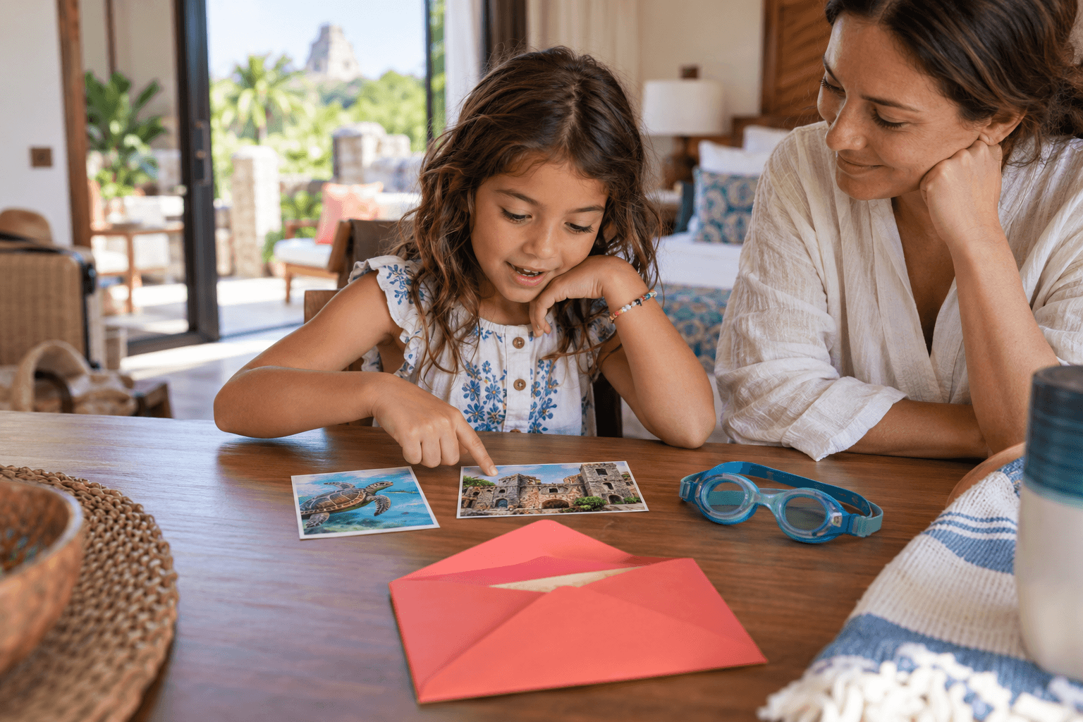 Mystery Envelope Child examines animal, historic-building and swimming clues from a mystery envelope while traveling with her family.