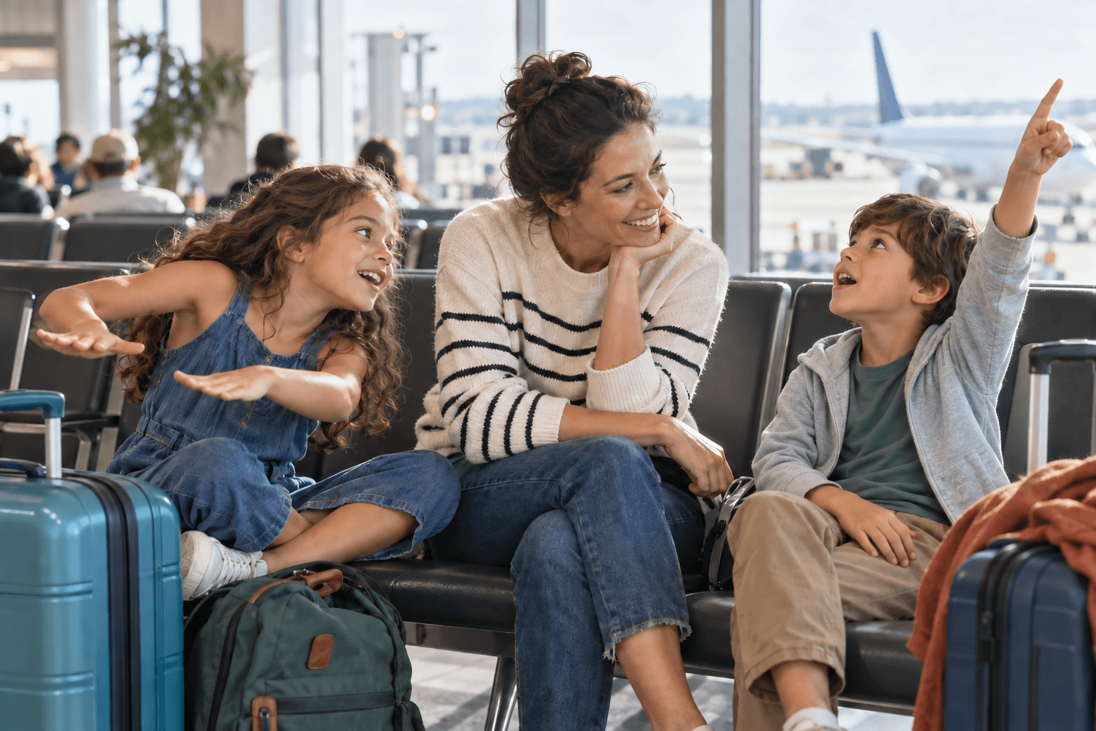 Would you rather? Children play “Would You Rather?” with their mother while waiting with luggage at an airport.