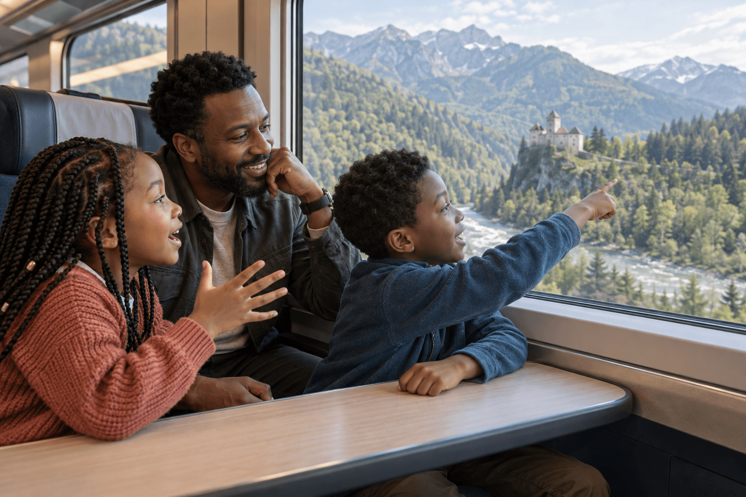 Story building Father and two children build a story together while pointing to a mountain castle from a train window.