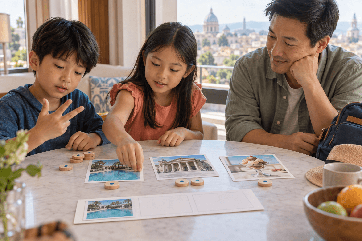 Travel Day Budgeting Children use activity cards and point tokens to plan their perfect travel day with their father.
