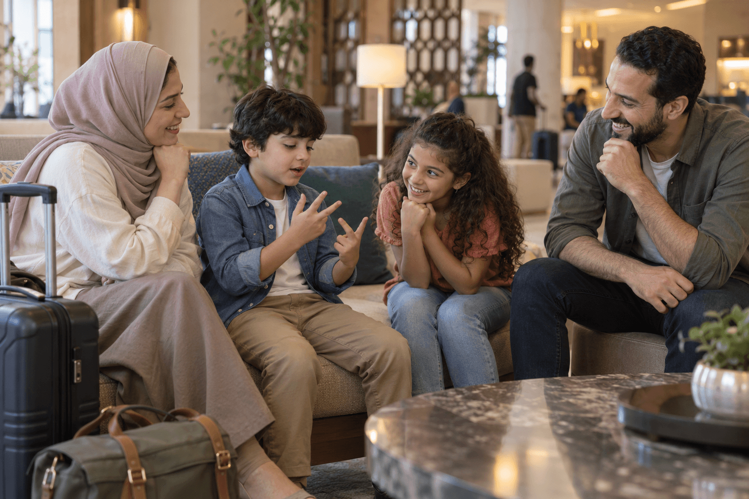 Memory Suitcase A child recalls items in “The Memory Suitcase” game while his family listens in a hotel lobby.