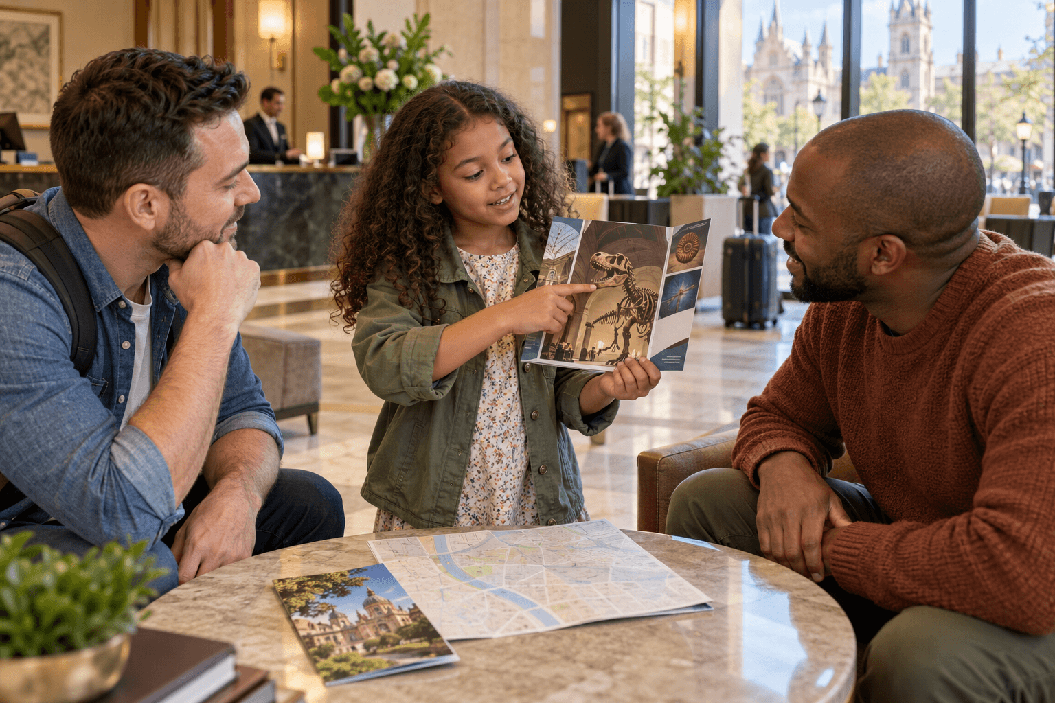 Junior Concierge A child presents her choice of a dinosaur museum to her family in a hotel lobby.