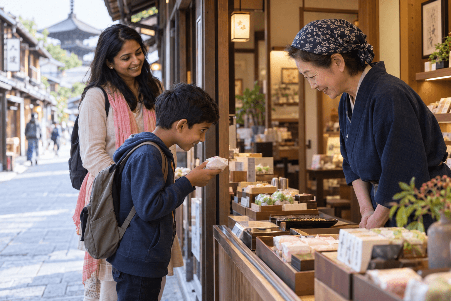 Local Language Challenge A child practices a local-language phrase while thanking a shopkeeper during a family trip.