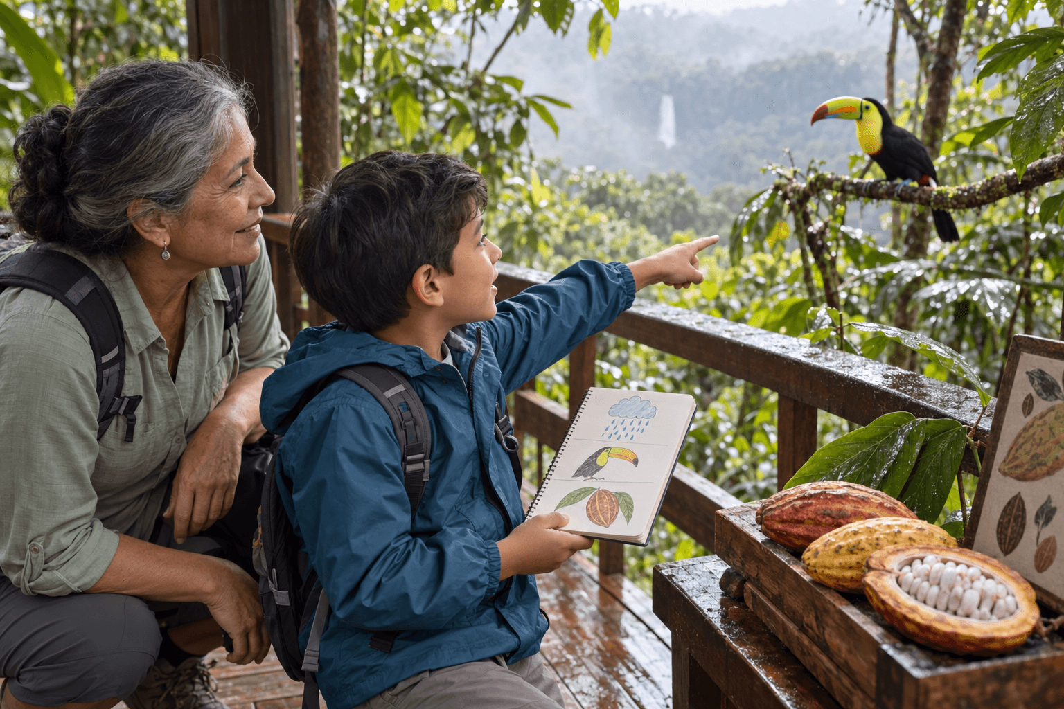Destination Detective A child matches clues in his travel notebook to a toucan and cacao discovered in the rainforest.