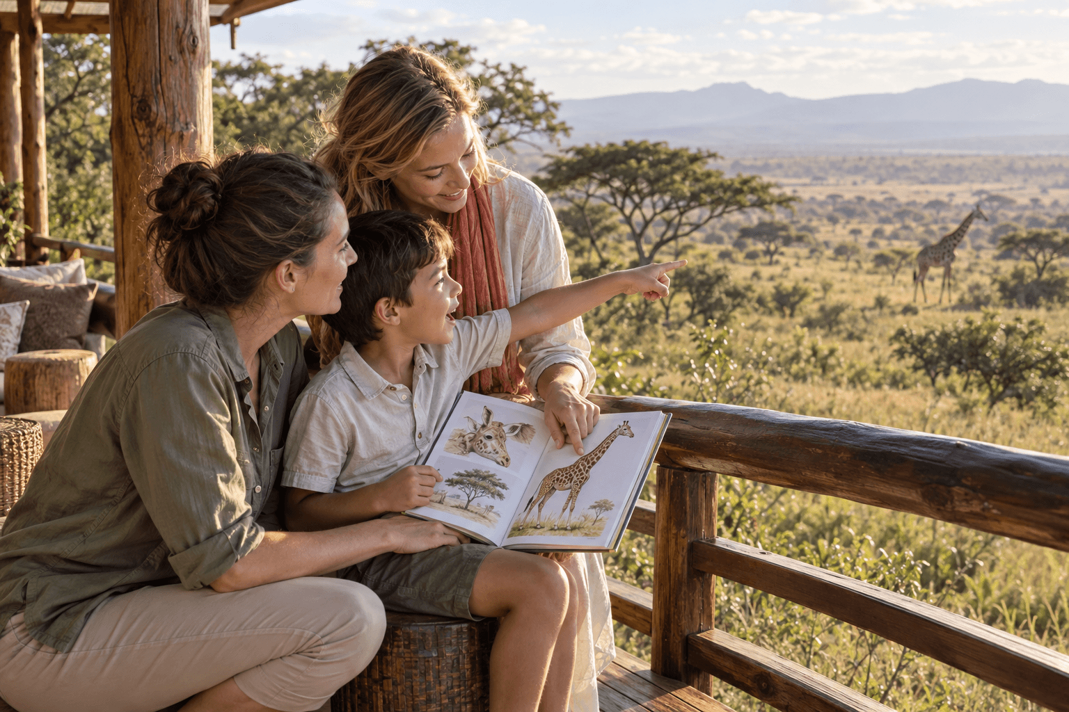 Destination Learning A child connects a giraffe in his animal guide with one he sees from a safari lodge.