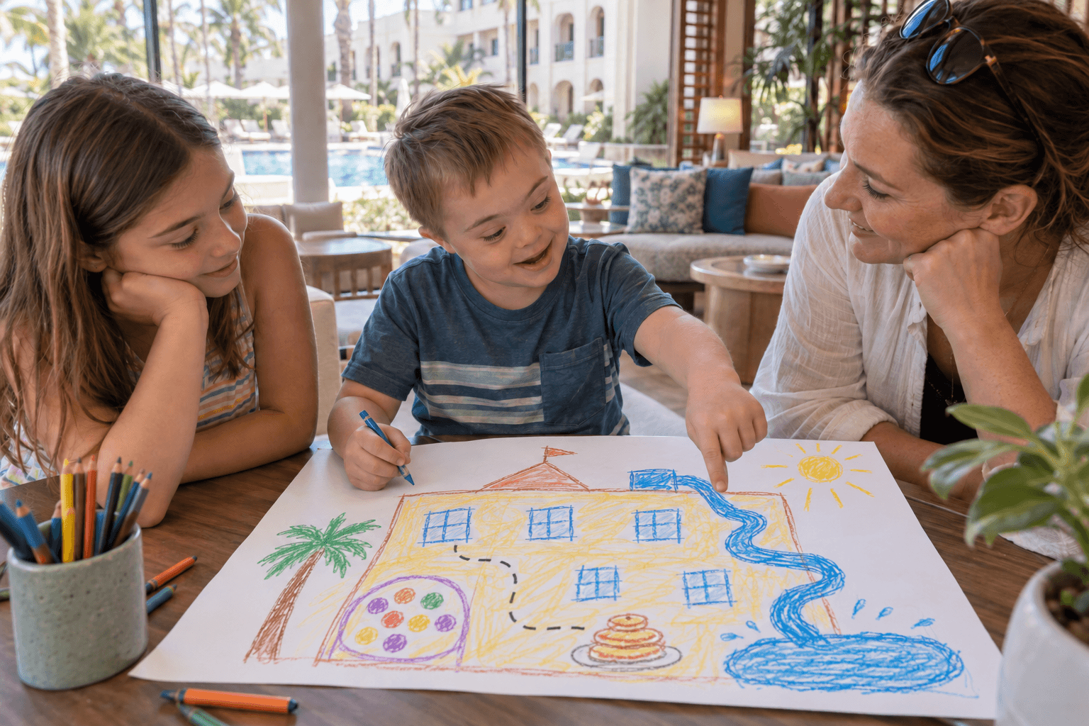 Dream Hotel A child shares his drawing of a dream hotel featuring a pool, waterslide, kids club and pancake café.