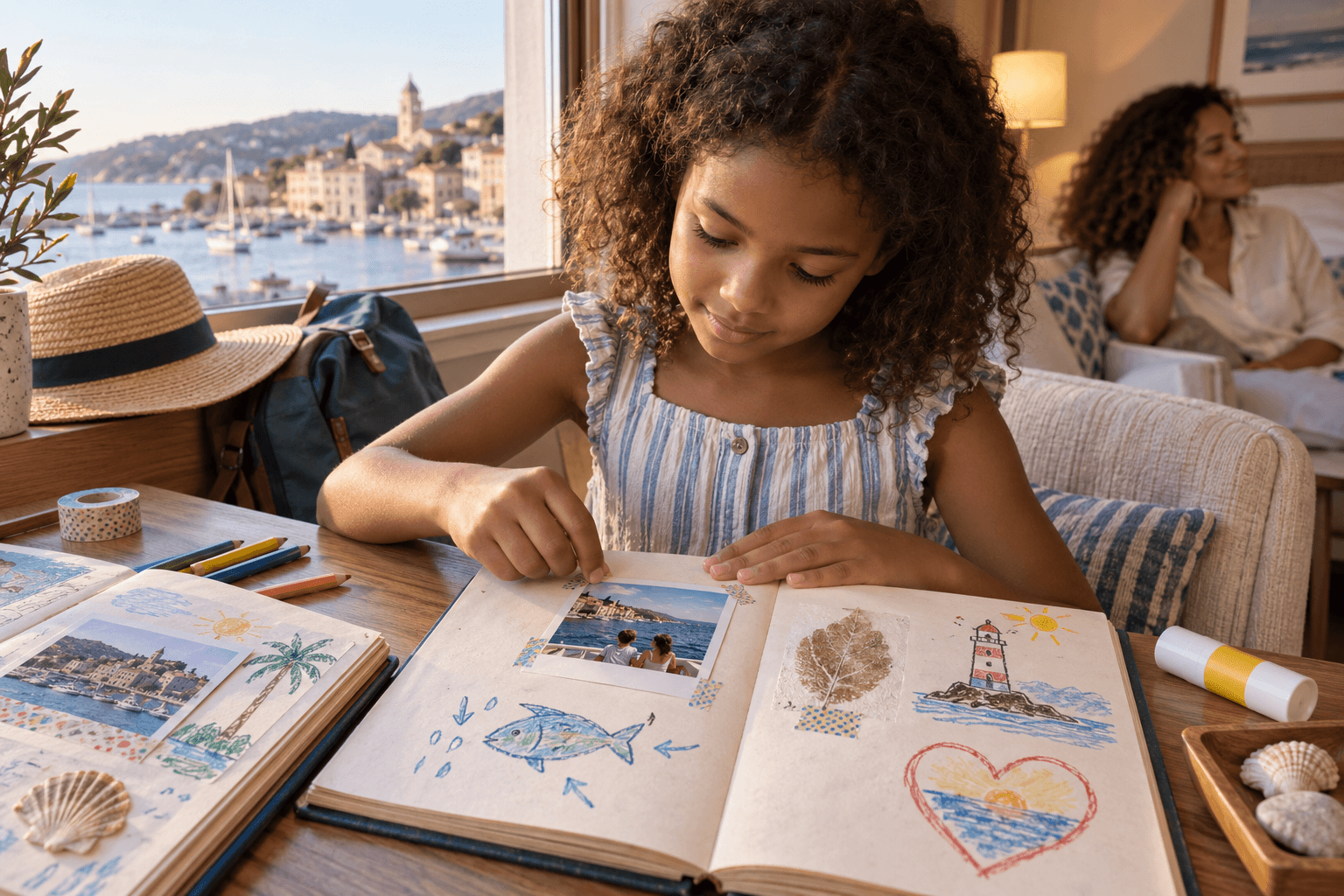 Travel Journal A child adds a photo, drawing, discovery and favorite memory to her daily travel journal.