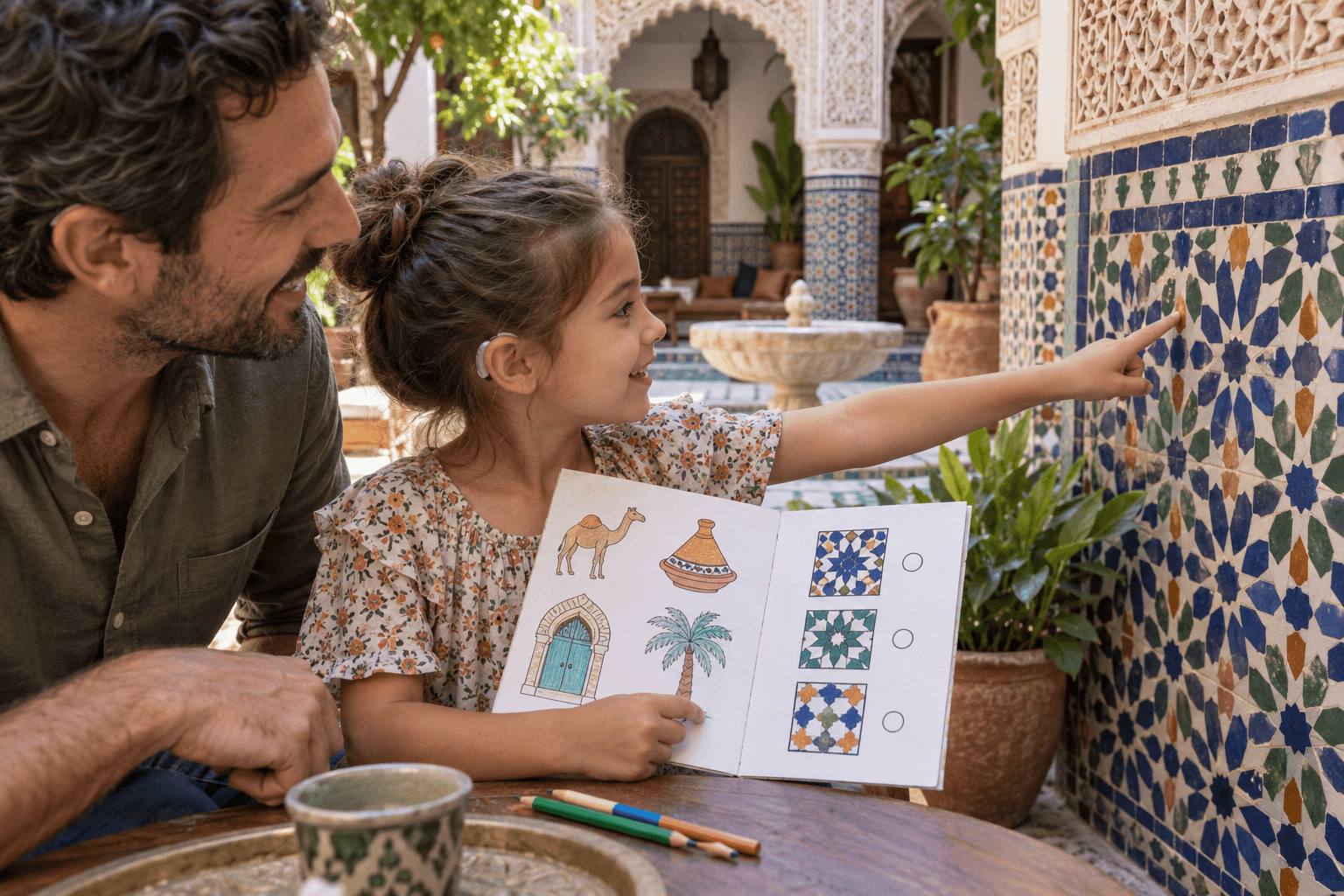 Destination Activity Book A child matches a pattern in her destination activity booklet to tilework in a Marrakech courtyard.