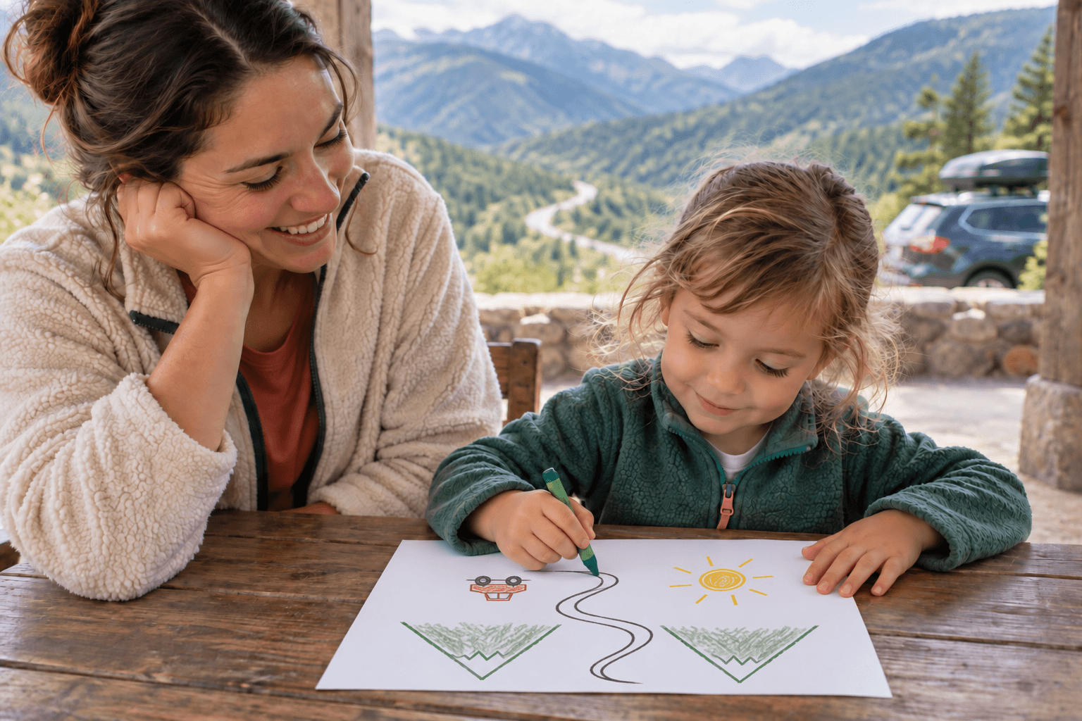 Finish The Picture A child turns a simple squiggly line into a mountain road while traveling with her mother.