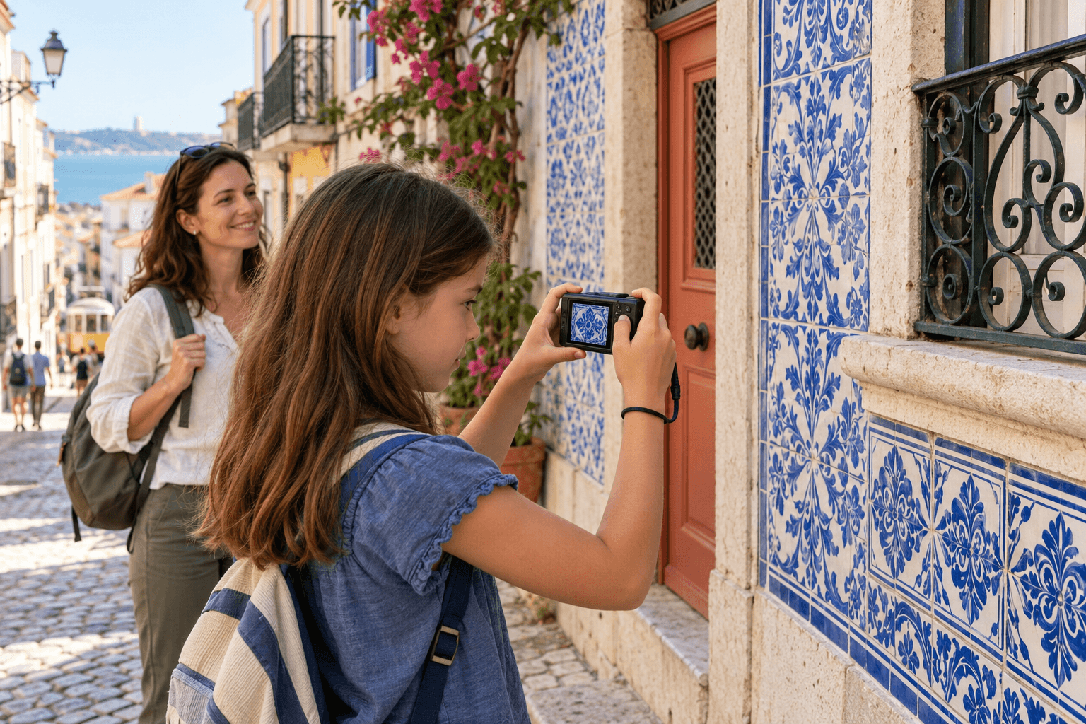Junior Photographer A child carefully photographs patterned tiles while exploring a historic Lisbon street with her mother.