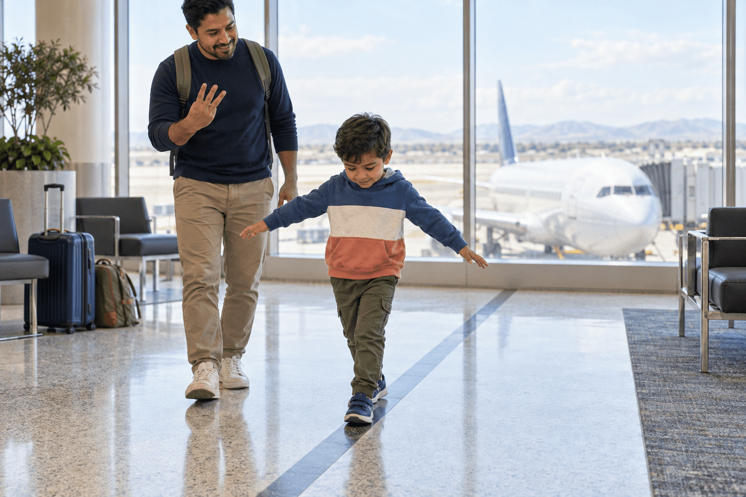Airport heel-to-toe challenge A child walks heel-to-toe along a floor line while his father counts his steps at an airport.