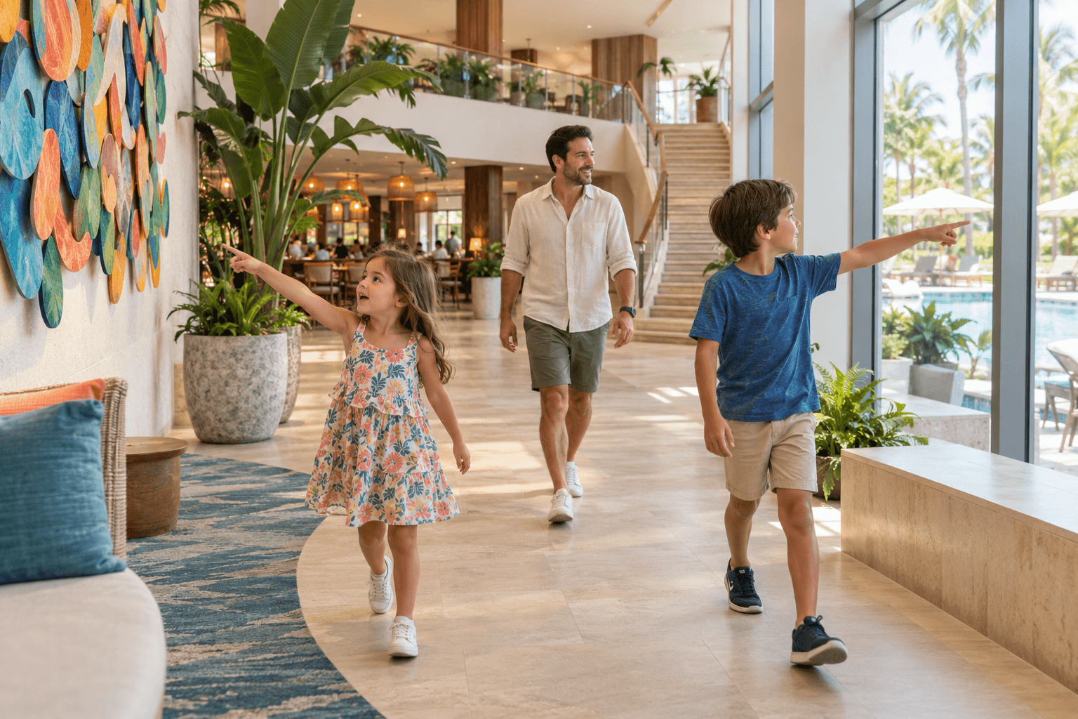 Children Discover the Hotel Atrium Children spot artwork and a swimming pool while exploring their hotel with their father.