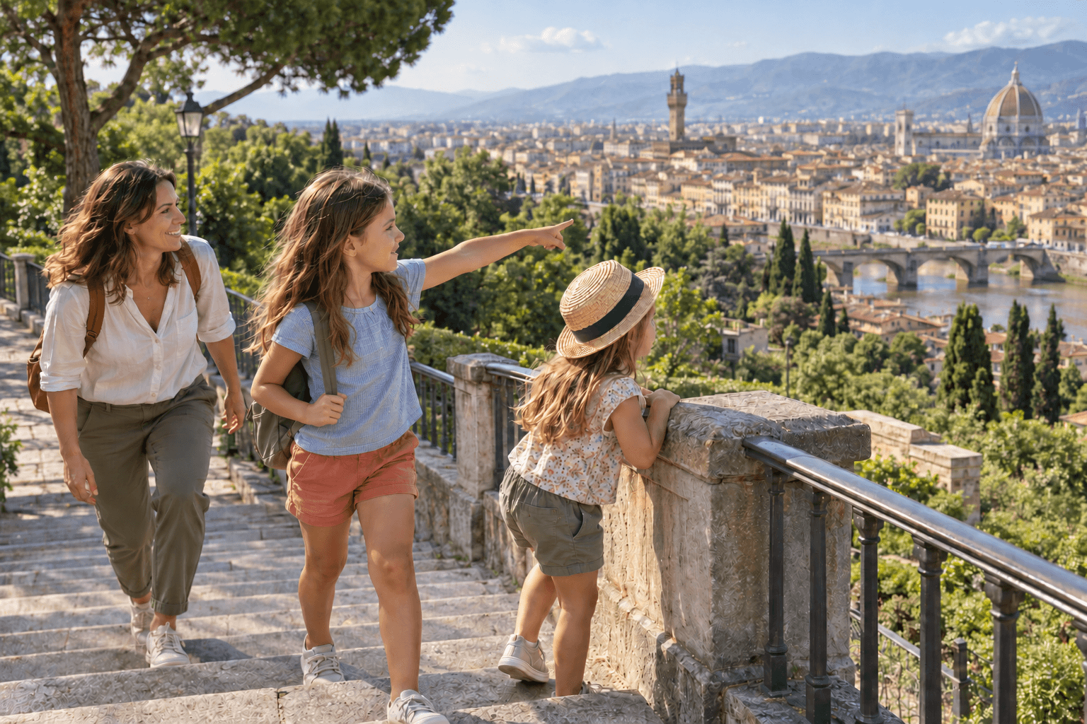 Pointing Toward Florence’s Landmarks Children climb to a viewpoint and identify landmarks while exploring a new destination.