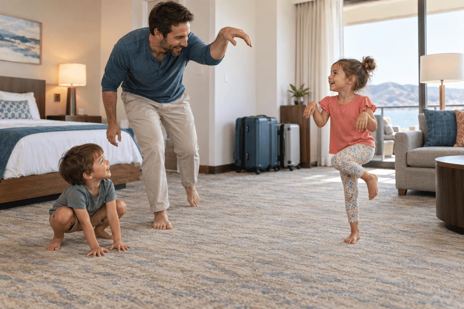 Family Animal Moves in the Suite Children move like a frog and flamingo while playing with their father in a hotel room.