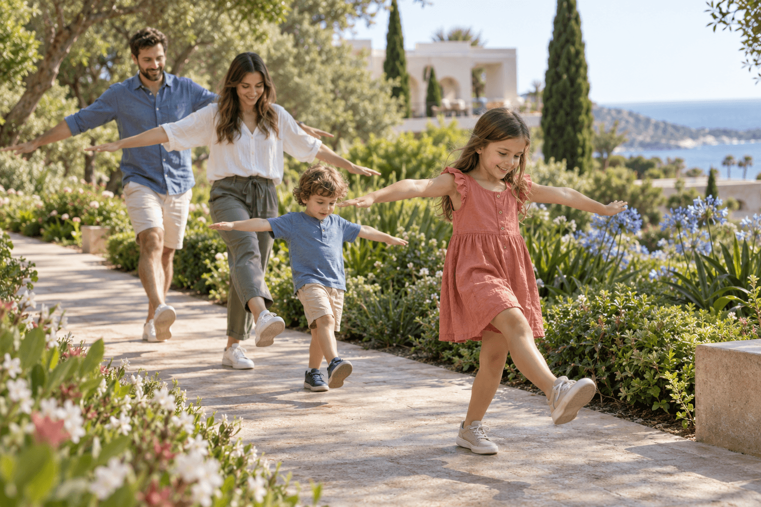 A child leads her family in taking giant steps along a garden path during a trip.