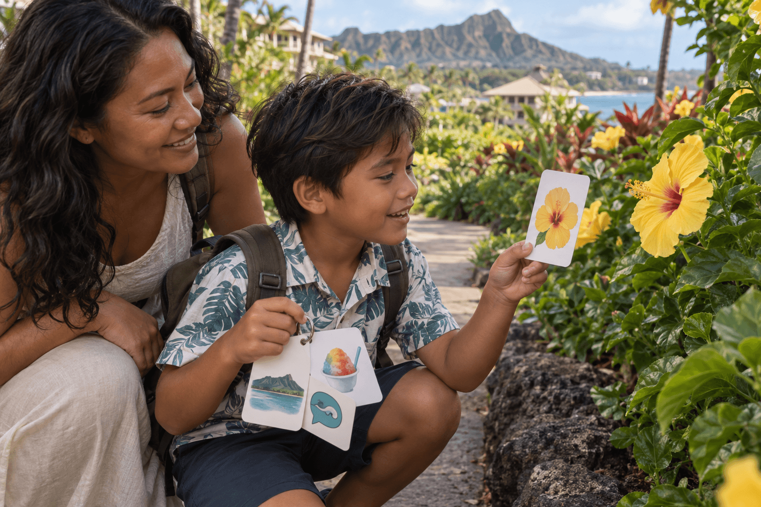ChatGPT Image Sep 5, 2026 at 06_12_45 PM A child matches a flower discovery card to a yellow hibiscus while exploring Hawaii.