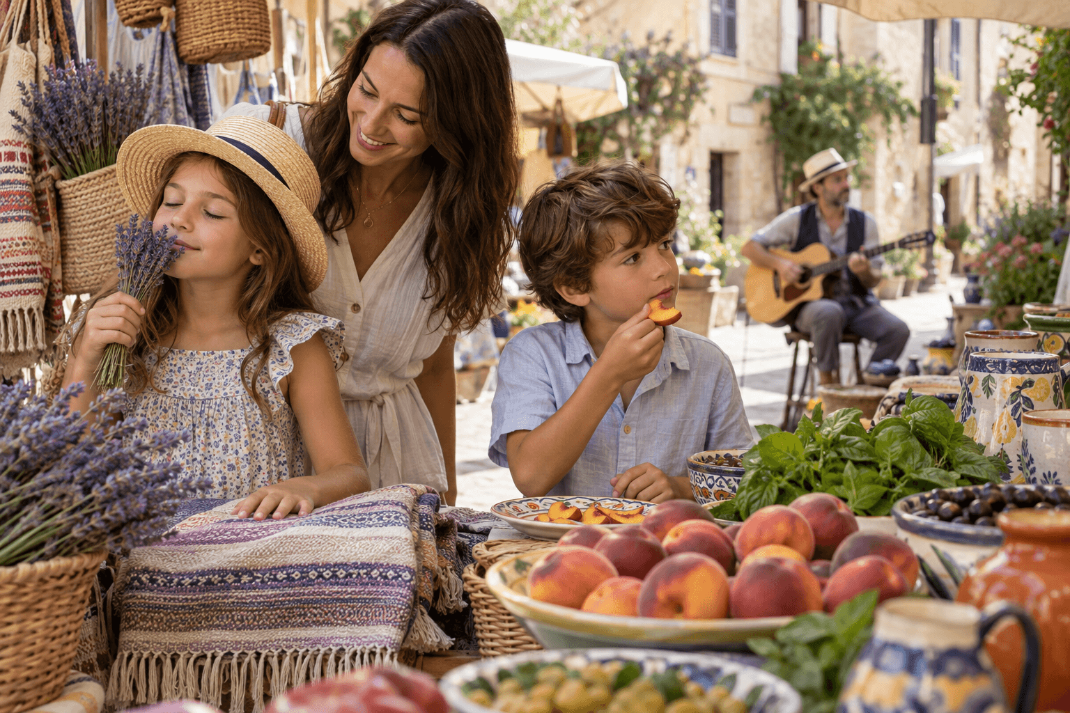 A family’s five-senses market stroll Children smell lavender, touch a woven textile, taste fruit and listen to music at a local market.