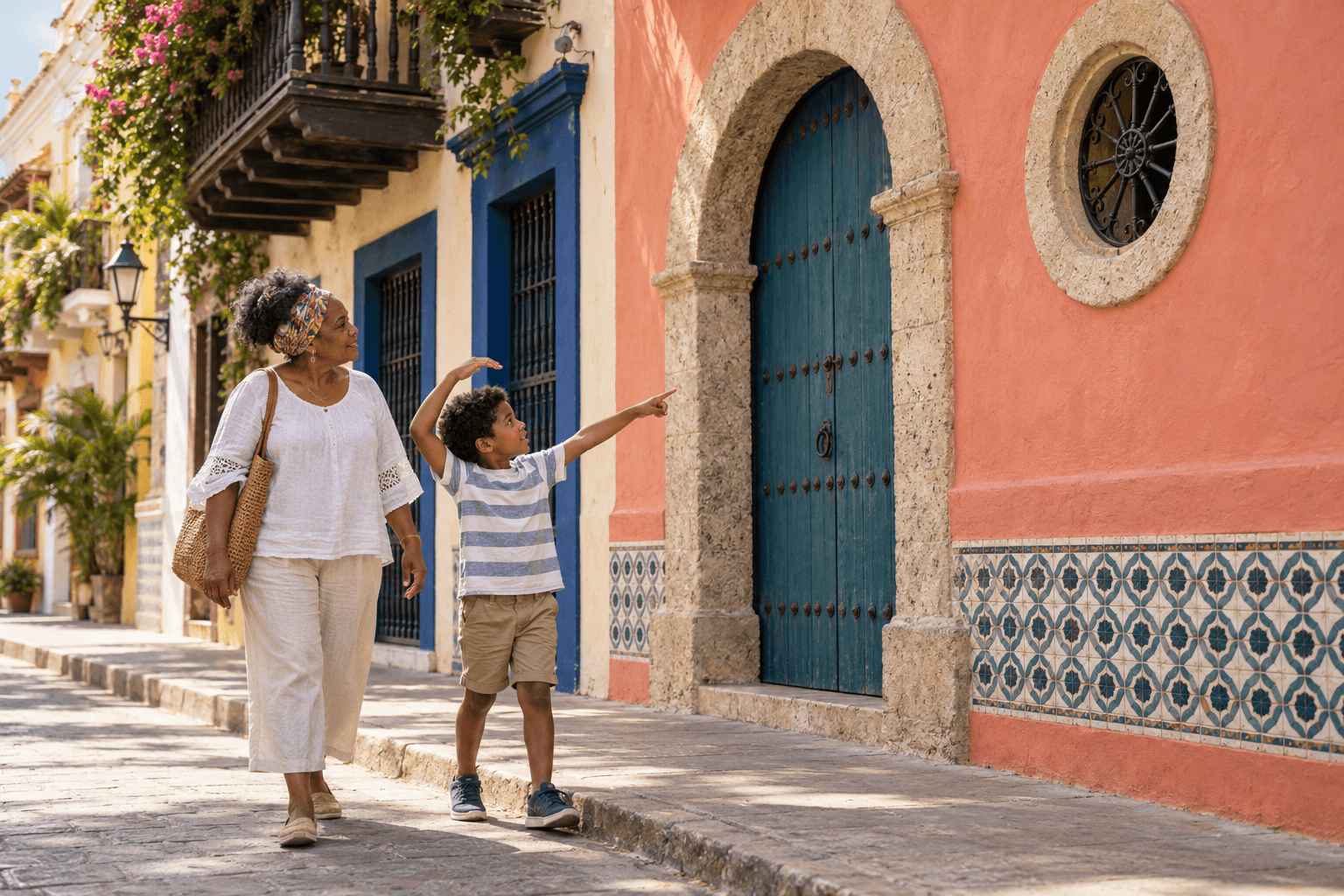 Spotting curves in Cartagena A child spots arches, a colorful door, balcony and patterned tiles while exploring a historic street.