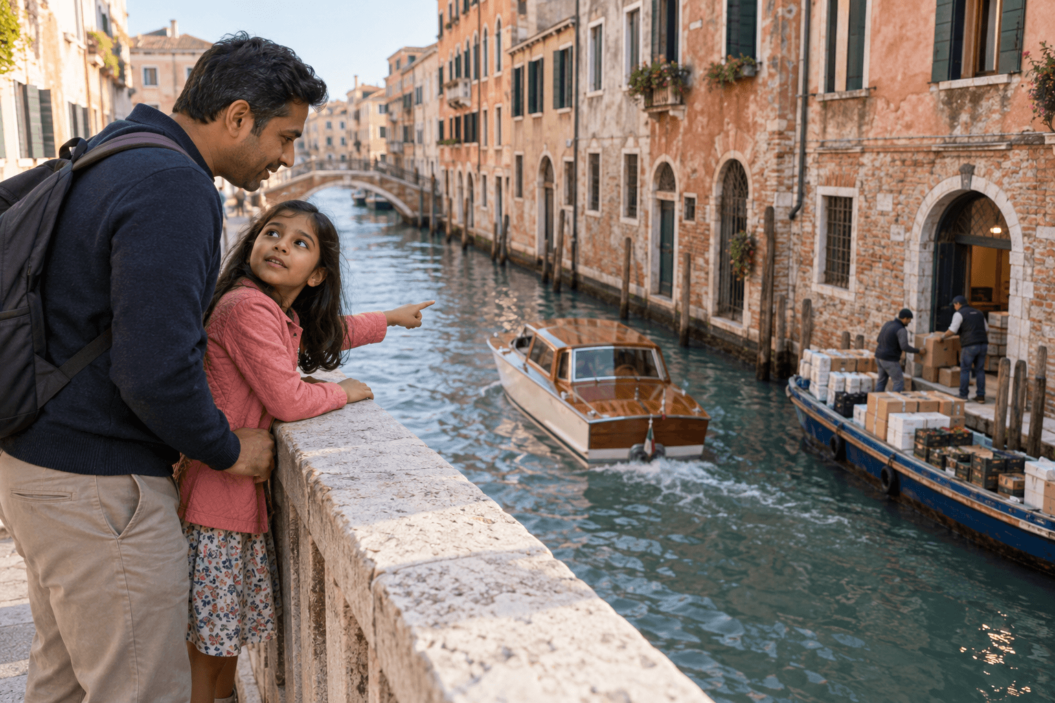 Learning a different way to travel A child notices that taxis and deliveries travel by boat instead of road while visiting Venice.