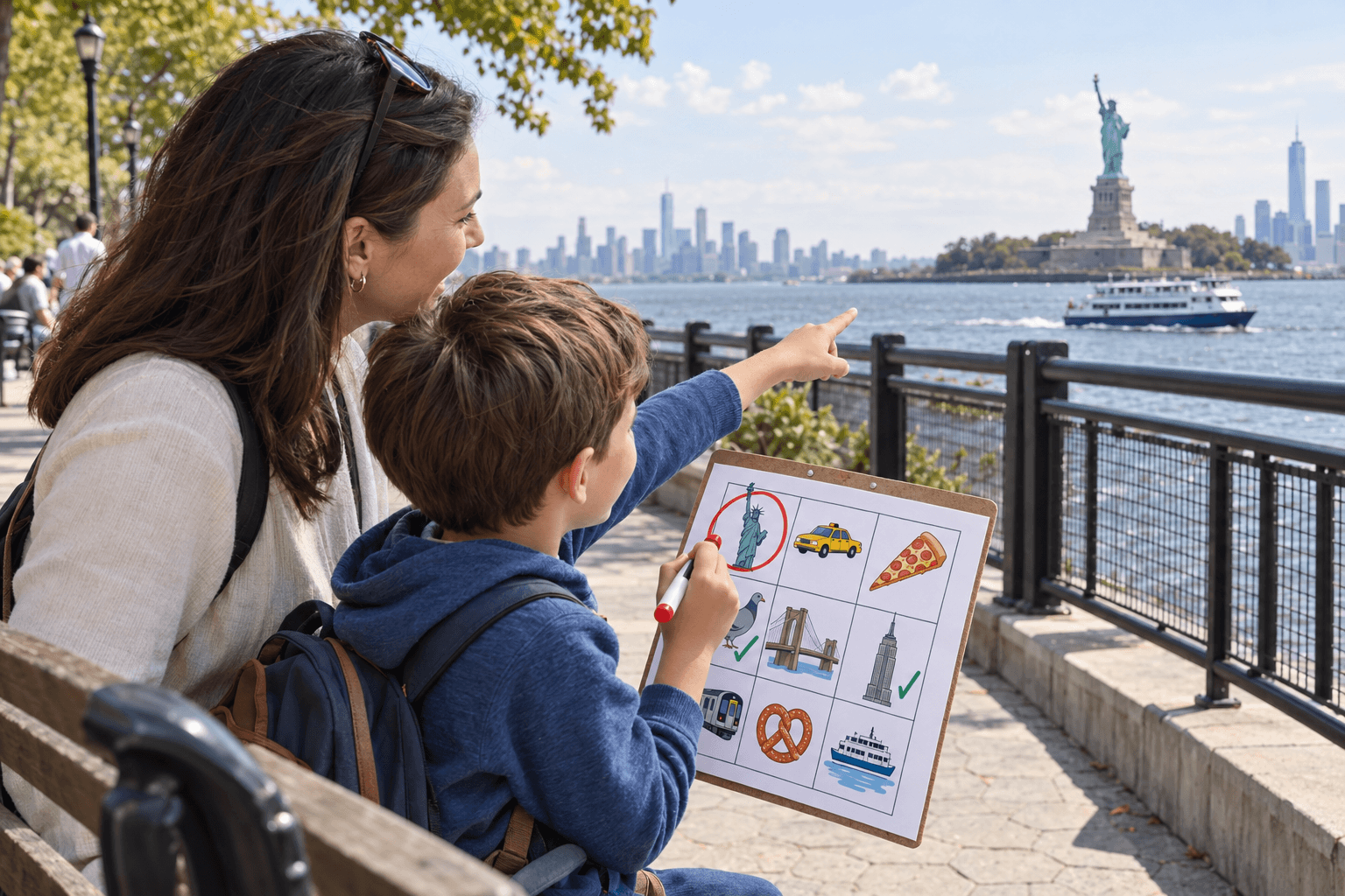Landmark Bingo on the Waterfront A child marks the Statue of Liberty on a picture bingo card after spotting it across New York Harbor.